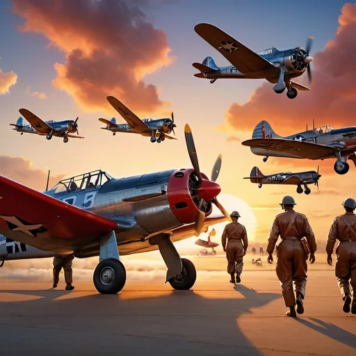 Prompt: Tuskegee Airmen on the ground, (historical scene), With the Tuskegee Airmen surrounding vintage aircraft warm sunset glow illuminating the planes, capturing bravery and camaraderie, vibrant colors of military uniforms, (highly detailed) 4K quality, rich historical context, showcasing aviation excellence and courage during WWII.