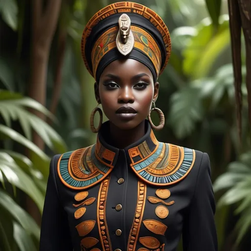 Prompt: (African masks), intricate designs, vibrant colors, warm earthy tones, (cultural symbolism), detailed textures, rich patterns, background featuring lush jungles or traditional settings, illuminating soft light, showcasing artistic heritage, crafting a profound ambience, (ultra-detailed), high quality, striking visual storytelling. Dress in (fashionable military dress coat), deep black fabric, showing with sharp collar, vintage intricate gold embroidery, tailored fit, outer coat. With a red vest with applique. enticing textures, 4K resolution, ultra-detailed, sophisticated atmosphere, perfect for a formal event or ceremony, striking yet dignified presence.