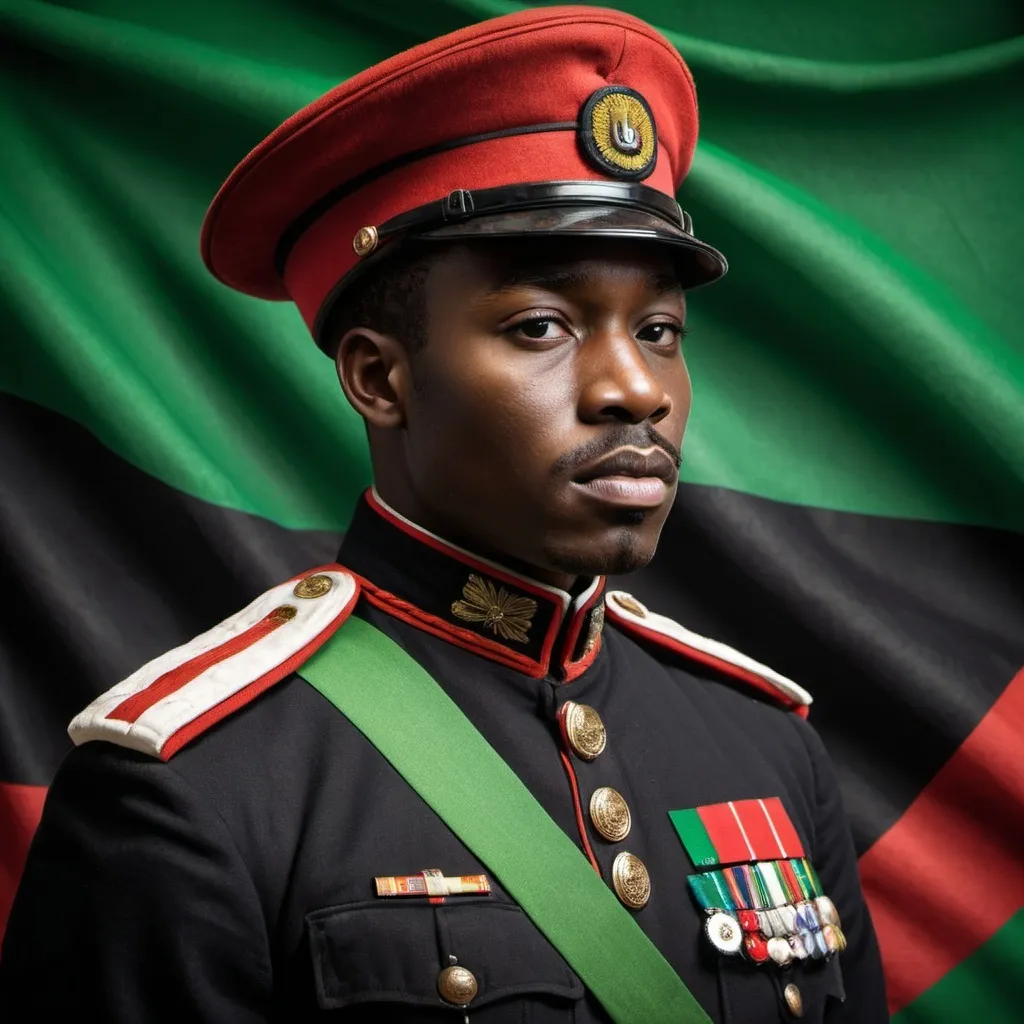 Prompt: The pan-African Flag Red Black and Green, with Black man in his 1920's Amry Uniform Standing at attention