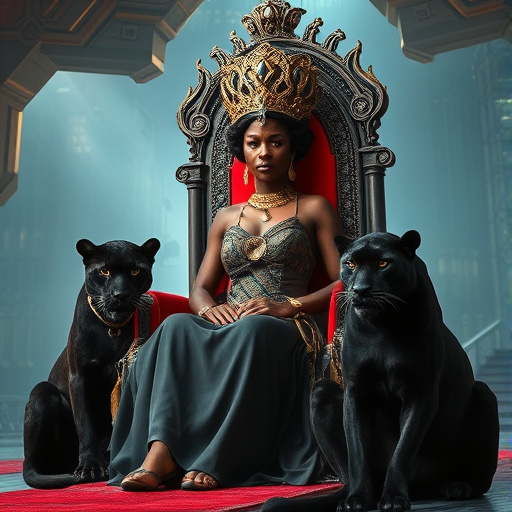 Prompt: African Queen her face is full of pride for her people sitting on her powerful throne in her futuristic kingdom, with two ferocious big black panthers sitting on the side of the throne on the floor