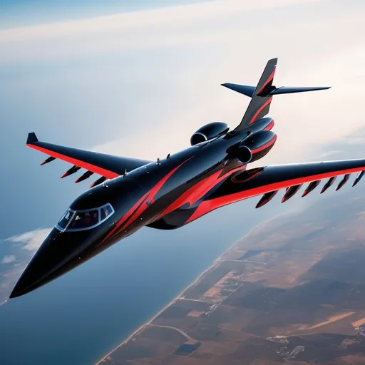 Prompt: 12 black and red jets, sleek and powerful design, resting on a smooth tarmac, dramatic shadows cast by warm sunlight, high quality, ultra-detailed, contrasting colors of black and red, highlighting the jet's features, atmospheric vibe of anticipation and readiness, crisp edges, vibrant lighting emphasizing the aircraft's lines, expansive blue sky in the background, cinematic presentation, inviting focus on the jet's sleek silhouette.