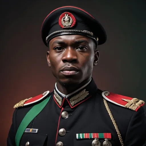 Prompt: Black African in the Army with black uniforms standing proud with a red, black and green slash for right shoulder to left hip. 