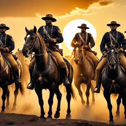 Prompt: (Buffalo Soldiers, Black men soldiers), (strong expressions, disciplined stance), historical uniforms, (military gear), striking silhouettes against a setting sun, warm golden hues illuminating their figures, proud and powerful ambiance, richly detailed background of a battlefield, (ultra-detailed), (heroic spirit), evokes honor and resilience, capturing the essence of bravery and contribution in history.