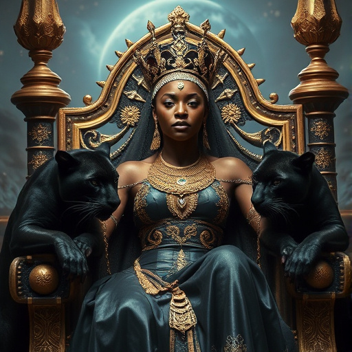 Prompt: African Queen her face is full of pride for her people sitting on her powerful throne in her futuristic kingdom, with two ferocious black panthers on the side of the throne