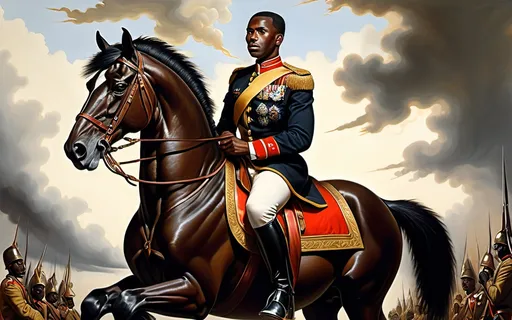 Prompt: A Black man in a uniform, riding on top of a powerful war horse, Felipe Seade, regionalism, painting, a painting