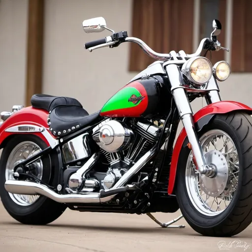 Prompt: custom made tank with red, black and green. Hardly Davidson fat boy motorcycle
