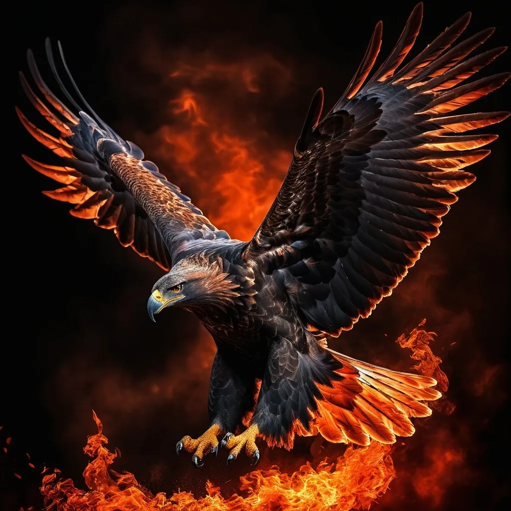 Prompt: (powerful black eagle), emerging from vivid flames, soaring towards the heavens, bright orange and red fire contrasts against dark feathers, dramatic lighting illuminating details of wings and talons, intense atmosphere of strength and freedom, dynamic composition capturing movement, ultra-detailed, cinematic quality, inspiring sense of power and transcendence.