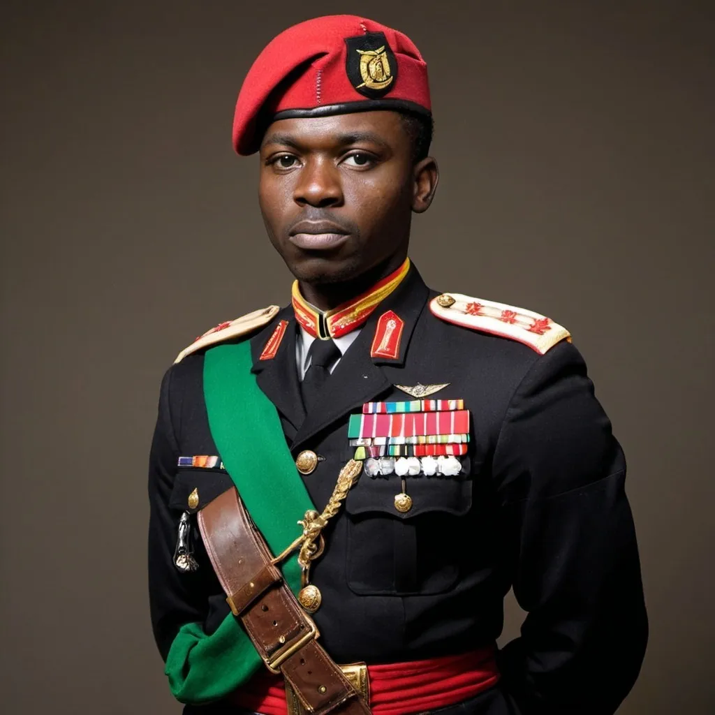 Prompt: Black African in the Army with black uniforms standing proud with a red, black and green slash for right shoulder to left hip. 