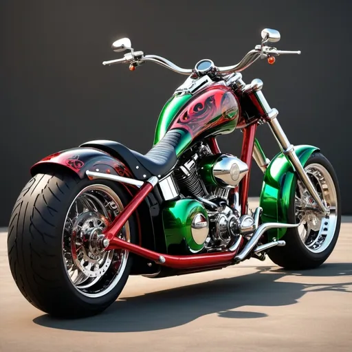 Prompt: (Notorious 918 Big Daddy Chopper motorcycle), parked, (precisionism), Red Black and Green, finely detailed features, automotive ad style, vibrant and glossy finish, high contrast lighting, captivating shadows, capturing the shiny chrome and rich paint textures, inspirational ambiance, ultra-detailed. with fire bolts and lighting coming from the back tire