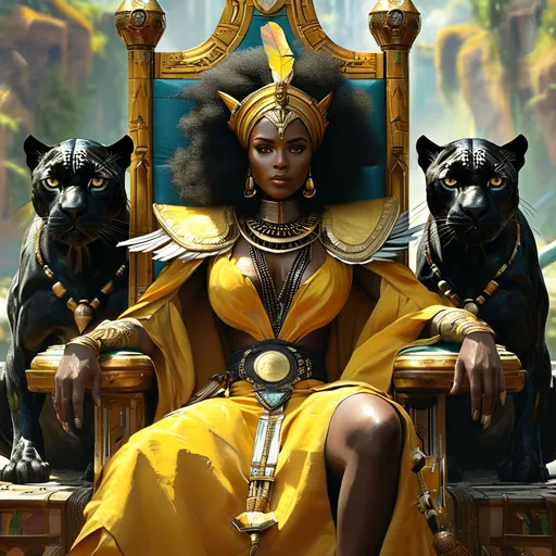 Prompt: a African Queen sitting on her powerful throne in her futuristic kingdom, with two black panthers