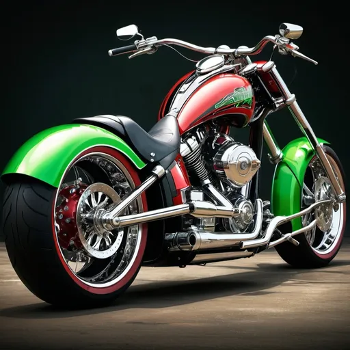 Prompt: (Notorious 918 Big Daddy Chopper motorcycle), parked, (precisionism), Red Black and Green, finely detailed features, automotive ad style, vibrant and glossy finish, high contrast lighting, captivating shadows, capturing the shiny chrome and rich paint textures, inspirational ambiance, ultra-detailed.