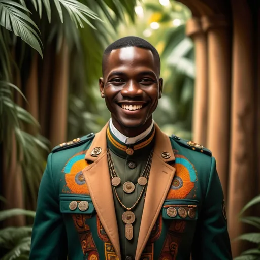 Prompt: African man with a smile and an (African masks), intricate designs, vibrant colors, warm earthy tones, (cultural symbolism), detailed textures, rich patterns, background featuring lush jungles or traditional settings, illuminating soft light, showcasing artistic heritage, crafting a profound ambience, (ultra-detailed), high quality, striking visual storytelling. Dress in (fashionable military dress coat), deep black fabric, showing with sharp collar, vintage intricate gold embroidery, tailored fit, outer coat. With a red vest with applique. enticing textures, 4K resolution