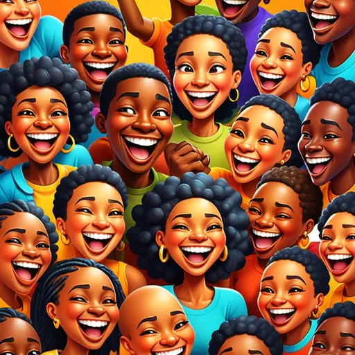 Prompt: (black people laughing out loud emoji), vibrant African colors, cheerful atmosphere, playful design, high contrast, expressive cartoon style, expressive emotions, joyful expressions, lively background with dynamic shapes, digitally illustrated, ultra-detailed, fun and engaging, reflecting positivity and happiness.