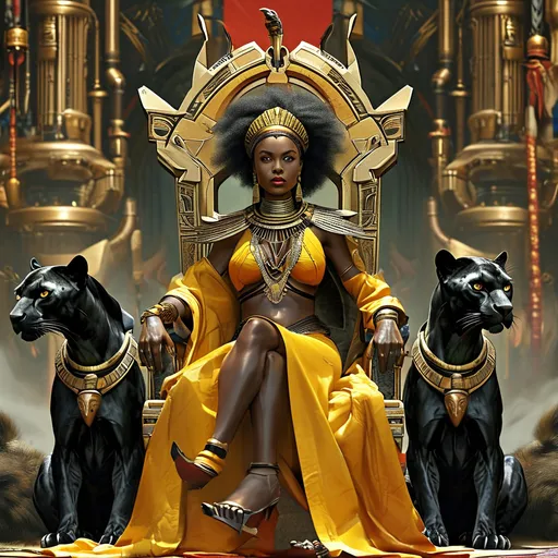 Prompt: a African Queen sitting on her powerful throne in her futuristic kingdom, with two black panthers