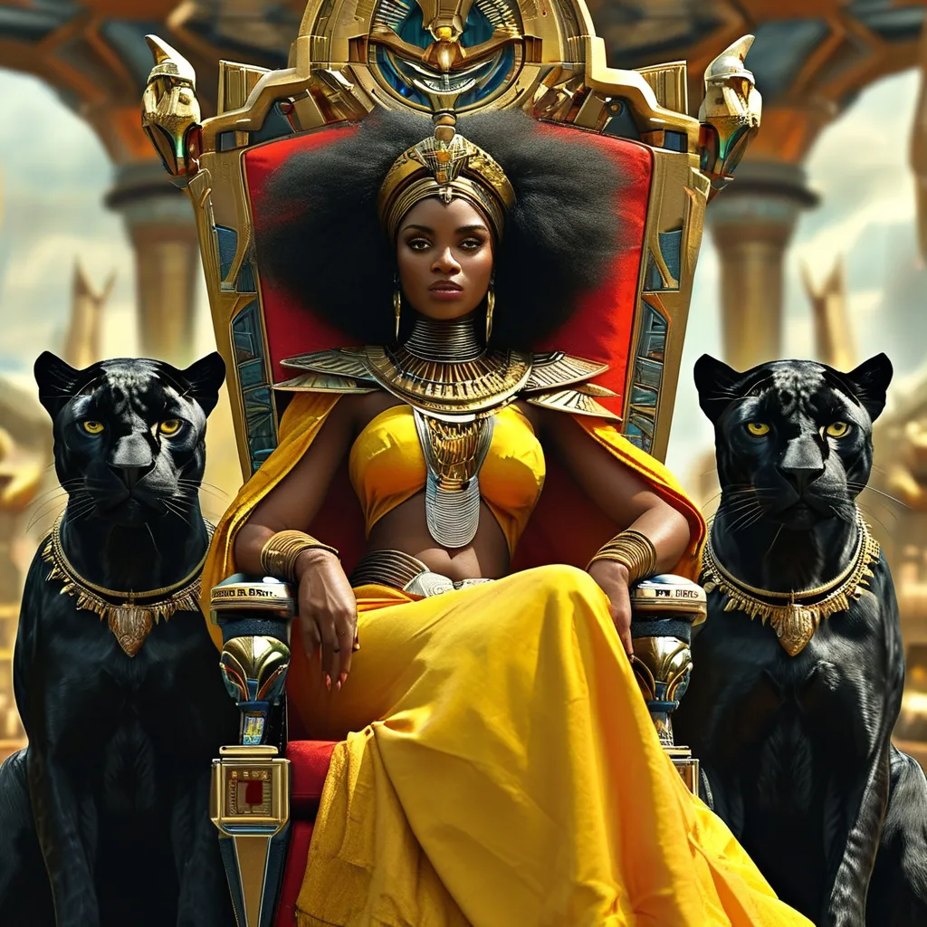 Prompt: a African Queen sitting on her powerful throne in her futuristic kingdom, with two black panthers