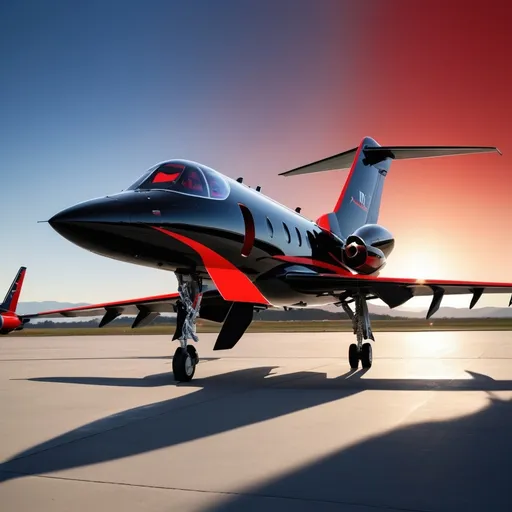 Prompt: 12 black and red jets, sleek and powerful design, resting on a smooth tarmac, dramatic shadows cast by warm sunlight, high quality, ultra-detailed, contrasting colors of black and red, highlighting the jet's features, atmospheric vibe of anticipation and readiness, crisp edges, vibrant lighting emphasizing the aircraft's lines, expansive blue sky in the background, cinematic presentation, inviting focus on the jet's sleek silhouette.