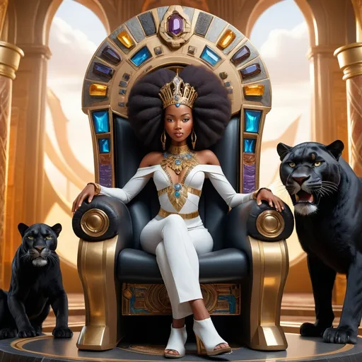 Prompt: An African Queen, exuding pride, is seated upon a grand, futuristic throne within a lively, technologically advanced realm. She is accompanied by two formidable, large black panthers lying at her feet. The setting conveys a sense of power and royalty, encapsulating strength and honor, with vibrant hues and elaborate designs around the throne that represent a fusion of traditional and contemporary styles, all in 4K ultra-detail.