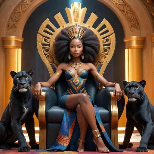 Prompt: An African Queen, exuding pride, is seated upon a grand, futuristic throne within a lively, technologically advanced realm. She is accompanied by two formidable, large black panthers lying at her feet. The setting conveys a sense of power and royalty, encapsulating strength and honor, with vibrant hues and elaborate designs around the throne that represent a fusion of traditional and contemporary styles, all in 4K ultra-detail.