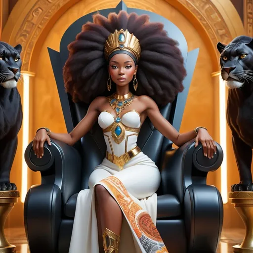 Prompt: An African Queen, exuding pride, is seated upon a grand, futuristic throne within a lively, technologically advanced realm. She is accompanied by two formidable, large black panthers lying at her feet. The setting conveys a sense of power and royalty, encapsulating strength and honor, with vibrant hues and elaborate designs around the throne that represent a fusion of traditional and contemporary styles, all in 4K ultra-detail.