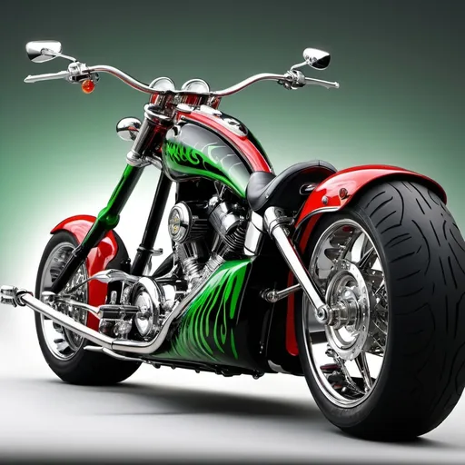 Prompt: (Notorious 918 Big Daddy Chopper motorcycle), parked, (precisionism), Red Black and Green, finely detailed features, automotive ad style, vibrant and glossy finish, high contrast lighting, captivating shadows, capturing the shiny chrome and rich paint textures, inspirational ambiance, ultra-detailed. with fire bolts and lighting coming from the back tire