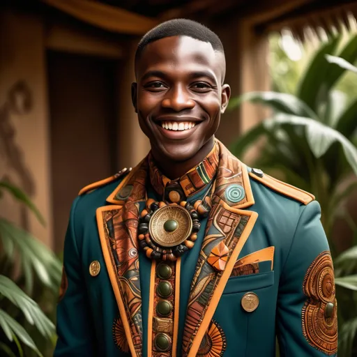 Prompt: African man with a smile and an (African masks), intricate designs, vibrant colors, warm earthy tones, (cultural symbolism), detailed textures, rich patterns, background featuring lush jungles or traditional settings, illuminating soft light, showcasing artistic heritage, crafting a profound ambience, (ultra-detailed), high quality, striking visual storytelling. Dress in (fashionable military dress coat), deep black fabric, showing with sharp collar, vintage intricate gold embroidery, tailored fit, outer coat. With a red vest with applique. enticing textures, 4K resolution