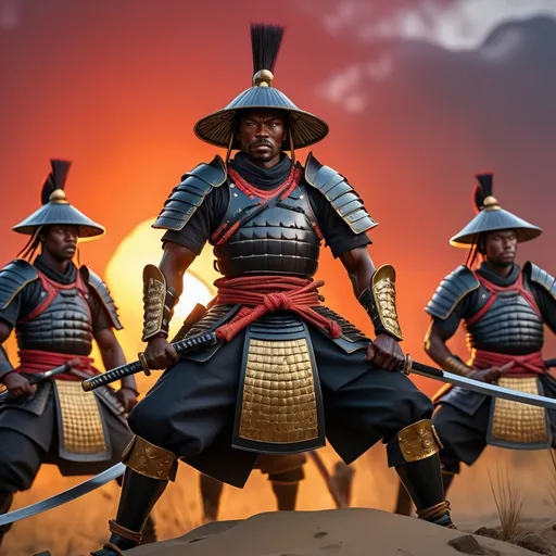 Prompt: A Group of (African Army of Black samurai warriors), protecter of the Africa people, powerful and fierce, dynamic poses, traditional samurai armor, intricate detailing, (vibrant colors), strong contrasting shadows, dramatic lighting, battlefield setting, sense of resilience and strength, high energy, unity, fighting spirit, (4K), ultra-detailed, cinematic masterpiece, invoking respect and admiration.