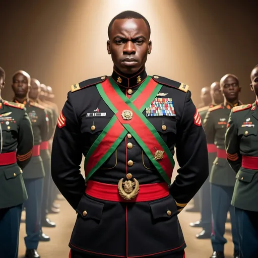 Prompt: Black African in the Army with black uniforms standing proud with a red, black and green slash for right shoulder to left hip. 