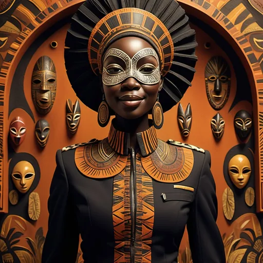 Prompt: (African masks), with smiles intricate designs, vibrant colors, warm earthy tones, (cultural symbolism), detailed textures, rich patterns, background featuring lush jungles or traditional settings, illuminating soft light, showcasing artistic heritage, crafting a profound ambience, (ultra-detailed), high quality, striking visual storytelling. Dress in (fashionable military dress coat), deep black fabric, showing with sharp collar, vintage intricate gold embroidery, tailored fit, outer coat. With a red vest with applique. enticing textures, 4K resolution, ultra-detailed, sophisticated atmosphere, perfect for a formal event or ceremony, striking yet dignified presence.