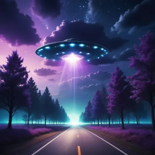 Prompt: many (UFO) glowing in the night sky, (mysterious ambiance), beams of bright light piercing through soft clouds, (starry background), cosmic colors showcasing deep blues and vibrant purples, illuminating the surroundings, (ultra-detailed), (4K resolution), showcasing a serene yet intriguing atmosphere, (mysterious) silhouettes of trees in the foreground gently swaying in the extraterrestrial light. With a roadway in the middle of the tress.