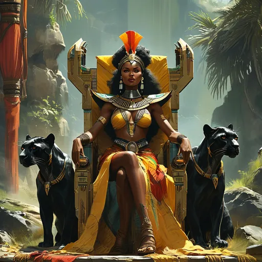 Prompt: a African Queen sitting on her powerful throne in her futuristic kingdom, with two black panthers