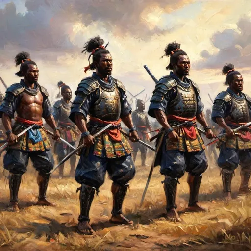 Prompt: A Group of (African Army of Black samurai warriors), protecter of the Africa people, powerful and fierce, dynamic poses, traditional samurai armor, intricate detailing, (vibrant colors), strong contrasting shadows, dramatic lighting, battlefield setting, sense of resilience and strength, high energy, unity, fighting spirit, (4K), ultra-detailed, cinematic masterpiece, invoking respect and admiration.