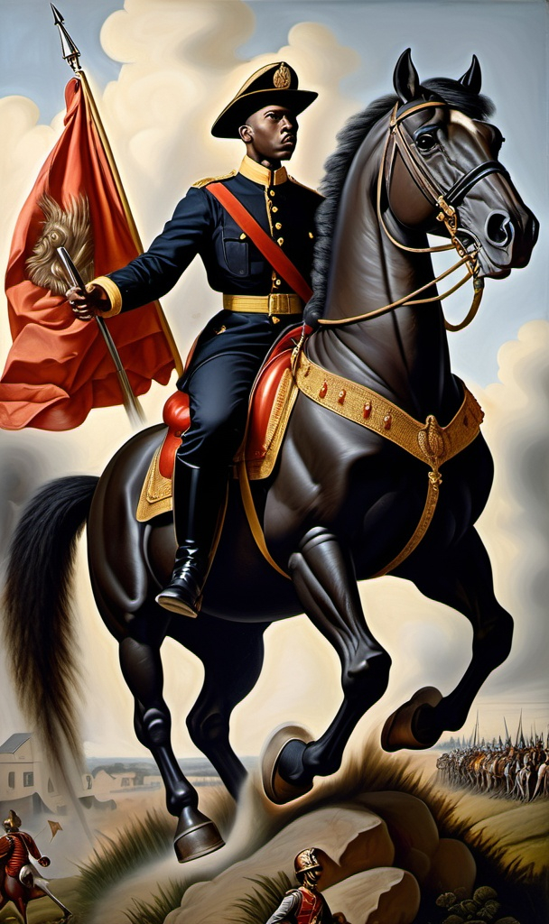 Prompt: A Black man in a uniform, riding on top of a powerful war horse, Felipe Seade, regionalism, painting, a painting