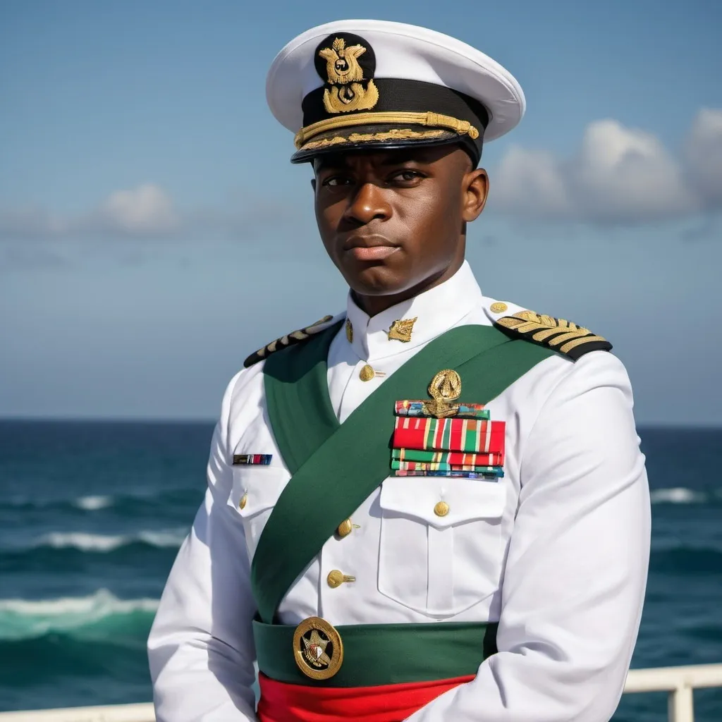 Prompt: Black African in the Navy with white uniforms standing proud with a red, black and green slash for right shoulder to left hip. 