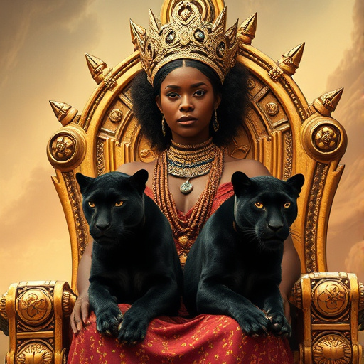 Prompt: African Queen her face is full of pride for her people sitting on her powerful throne in her futuristic kingdom, with two black panthers