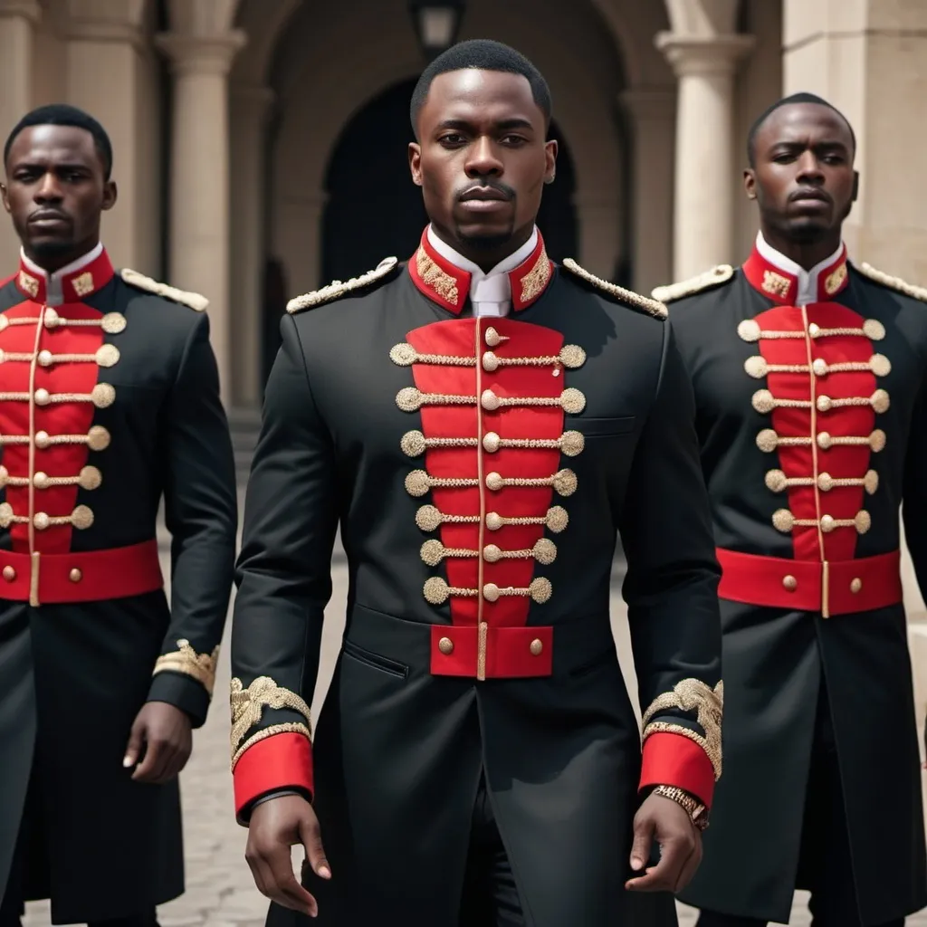 Prompt: A group of Black African Men dress in (fashionable military dress coat), deep black fabric, showing with sharp collar, outer coat. With a red vest with applique. 4K resolution, ultra-detailed, sophisticated atmosphere, perfect for a formal event or ceremony, striking yet dignified presence.