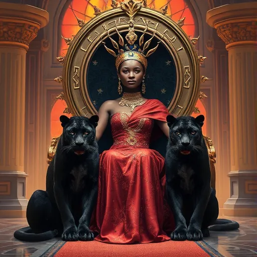 Prompt: African Queen her face is full of pride for her people sitting on her powerful throne in her futuristic kingdom, with two ferocious big black panthers sitting on the side of the throne on the floor