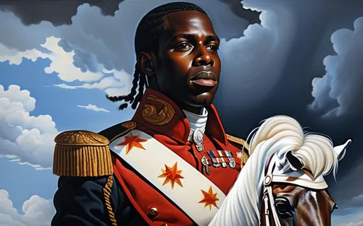 Prompt: A Black man in a uniform, riding on top of a powerful war horse, Felipe Seade, regionalism, painting, a painting