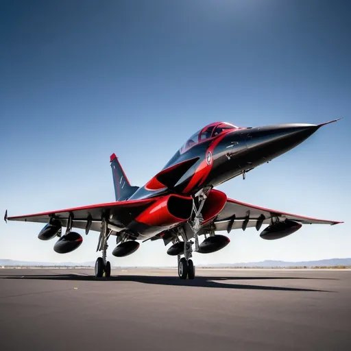 Prompt: 12 black and red jets, sleek and powerful design, resting on a smooth tarmac, dramatic shadows cast by warm sunlight, high quality, ultra-detailed, contrasting colors of black and red, highlighting the jet's features, atmospheric vibe of anticipation and readiness, crisp edges, vibrant lighting emphasizing the aircraft's lines, expansive blue sky in the background, cinematic presentation, inviting focus on the jet's sleek silhouette.