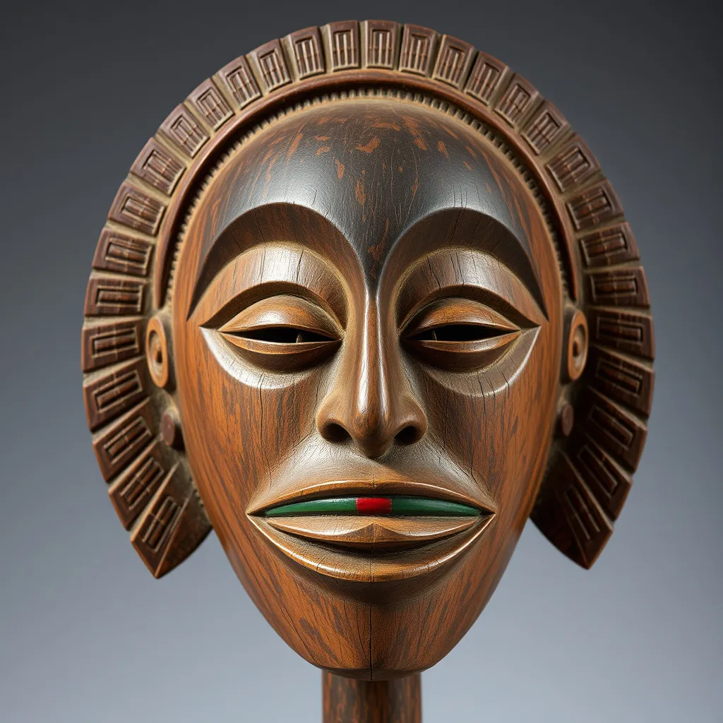 Prompt: a wooden African mask with a face on it's face and a red and green stripe around the mouth, Alexander Archipenko, folk art, figurine, an art deco sculpture