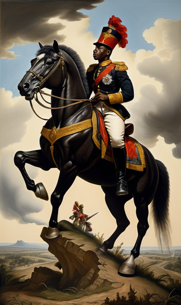 Prompt: A Black man in a uniform, riding on top of a powerful war horse, Felipe Seade, regionalism, painting, a painting