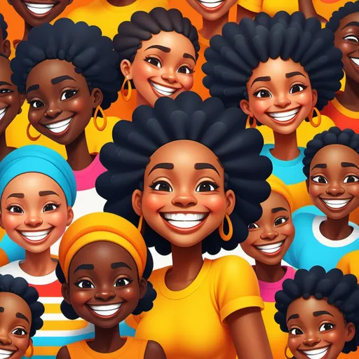 Prompt: (black people smiles emoji), vibrant African colors, cheerful atmosphere, playful design, high contrast, expressive cartoon style, expressive emotions, joyful expressions, lively background with dynamic shapes, digitally illustrated, ultra-detailed, fun and engaging, reflecting positivity and happiness.