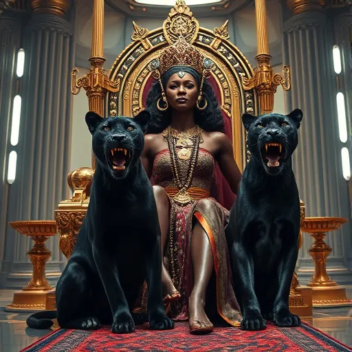 Prompt: African Queen her face is full of pride for her people sitting on her powerful throne in her futuristic kingdom, with two ferocious big black panthers sitting on the side of the throne on the floor