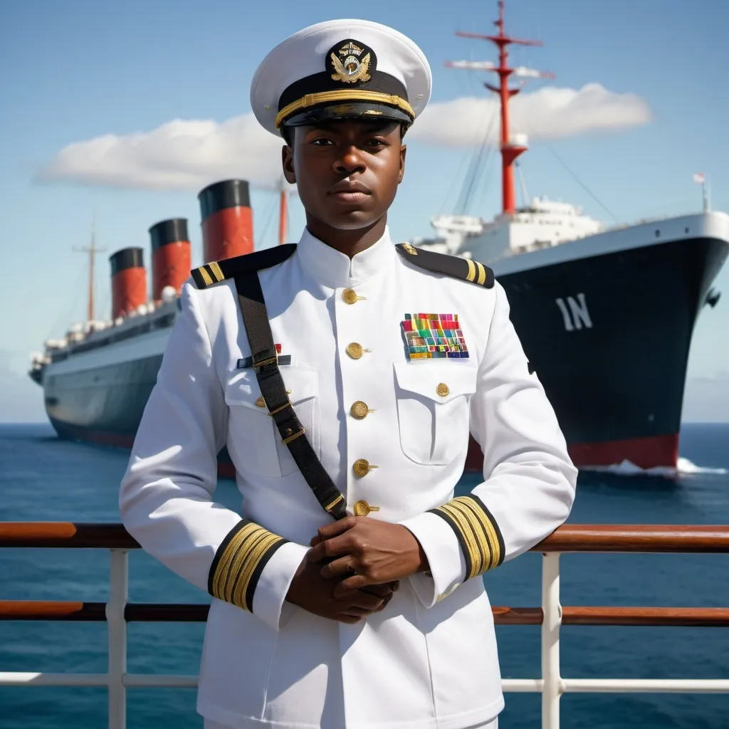 Prompt: Black African in the Navy with white uniforms standing proud with a red, black and green slash for right shoulder to left hip. Stand on an
 ocean liner
