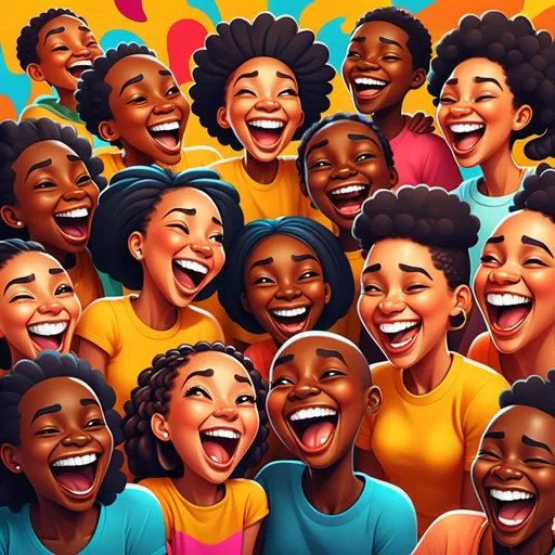 Prompt: (black people laughing really hard out loud emoji), vibrant African colors, cheerful atmosphere, playful design, high contrast, expressive cartoon style, expressive emotions, joyful expressions, lively background with dynamic shapes, digitally illustrated, ultra-detailed, fun and engaging, reflecting positivity and happiness.