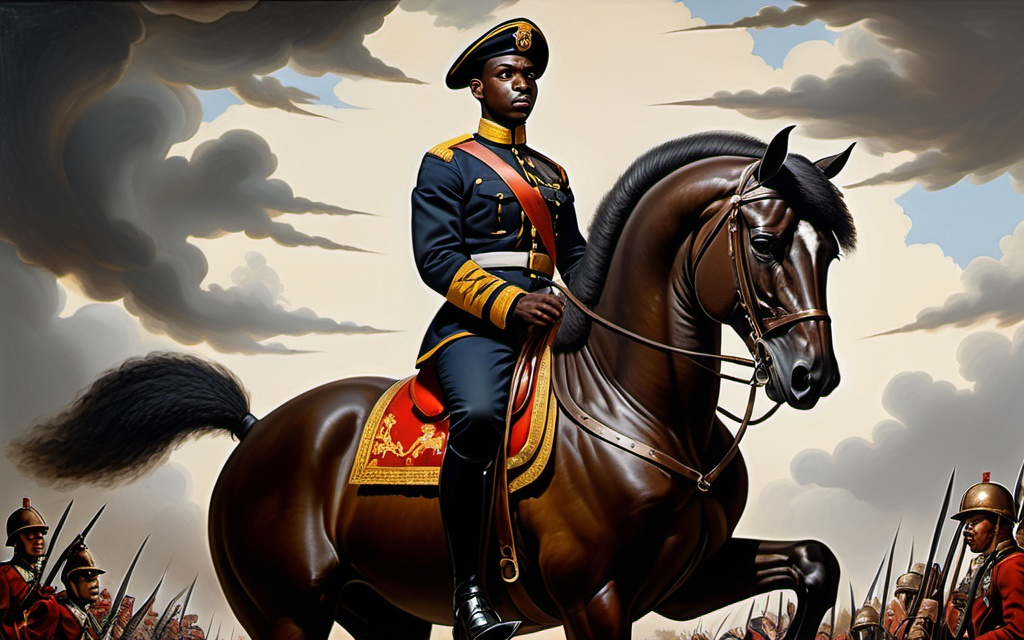 Prompt: A Black man in a uniform, riding on top of a powerful war horse, Felipe Seade, regionalism, painting, a painting