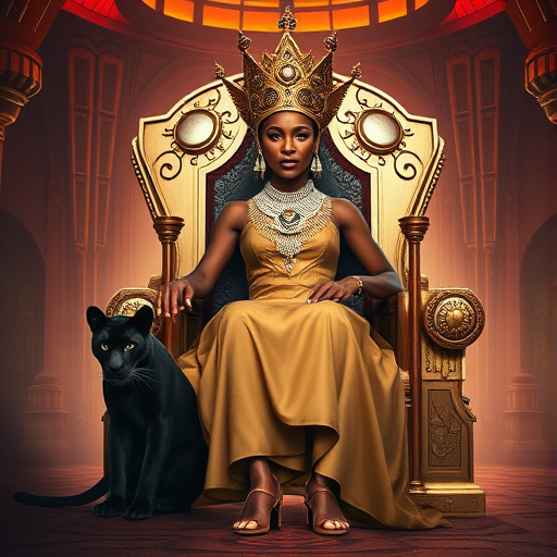 Prompt: African Queen her face is full of pride for her people sitting on her powerful throne in her futuristic kingdom, with two ferocious big black panthers sitting on the side of the throne on the floor