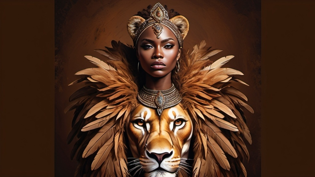 Prompt: (woman in a lion costume), (feathers adorning her body), (lion head on her chest), standing proudly against a rich brown background, bold symbolism reflecting power and strength, striking visual composition, eye-catching for a poster design, warm tones, bright detail, artistic flair inspired by Chinwe Chukwuogo-Roy, ultra-detailed, captivating ambiance.