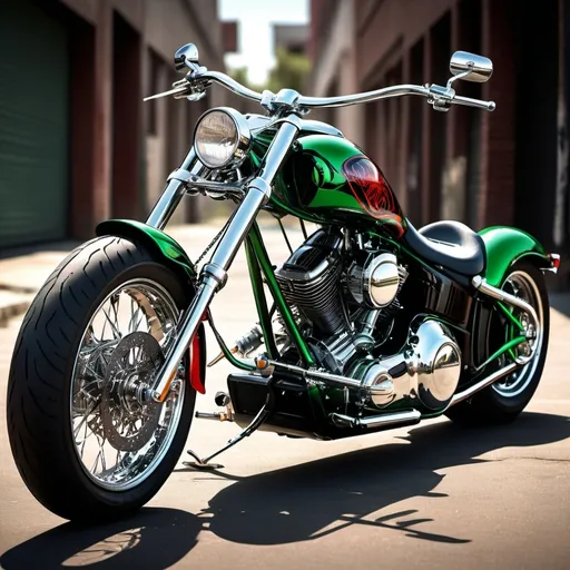 Prompt: (Notorious 918 Big Daddy Chopper motorcycle), parked, (precisionism), Red Black and Green, finely detailed features, automotive ad style, vibrant and glossy finish, high contrast lighting, captivating shadows, capturing the shiny chrome and rich paint textures, inspirational ambiance, ultra-detailed.