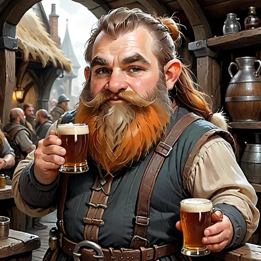 Prompt: a Dwarf merchant with a very well-groomed beard, a strong tan, pigtails in his beard, a nice and gentle look, and a mug of Ale in his hand