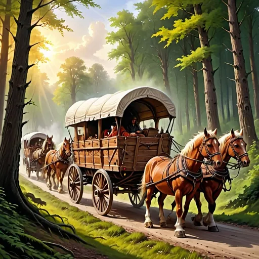 Prompt: A fantasy painting of a caravan of wagons driving through a forest. Each cart got 2 horses attached. It is late afternoon.